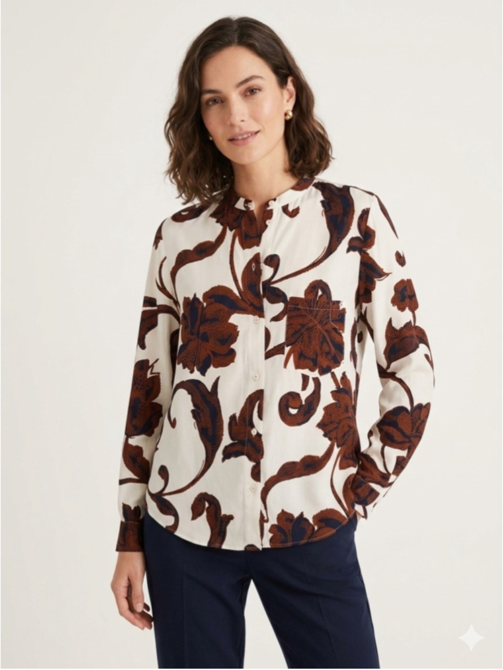 Marc Aurel White Floral Graphic Long Sleeve Button Up Blouse Top Sz 42 - 627